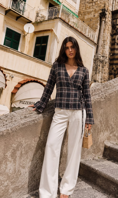 Brown Check Bell-Sleeve Kimono Top