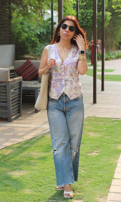 Thistle Purple Abstract Print Waist Coat