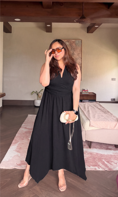Black Handkerchief Hem Midi Dress
