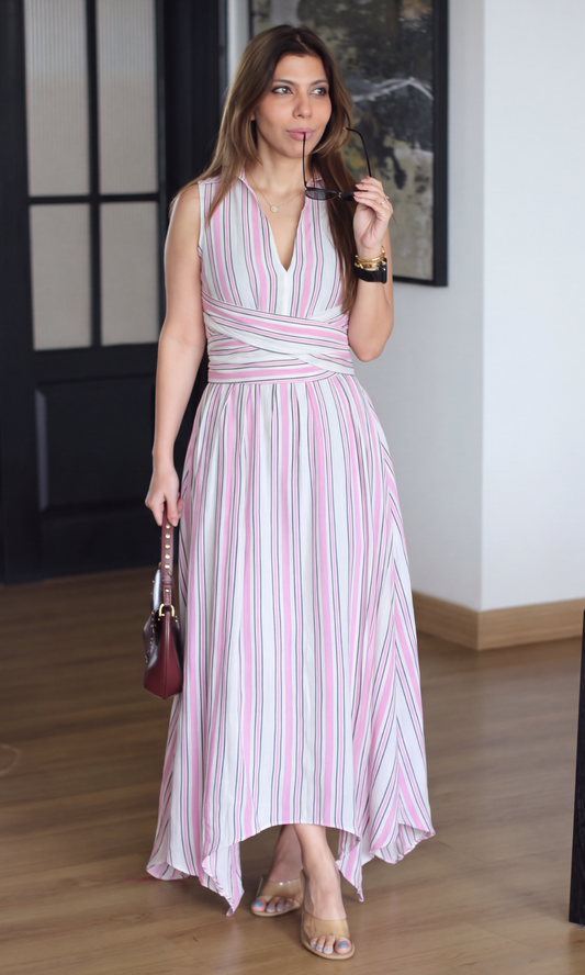 Candy Stripe Wrap Handkerchief Hem Midi Dress