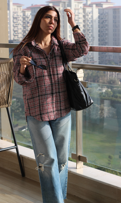 Red Check Tweed Overshirt