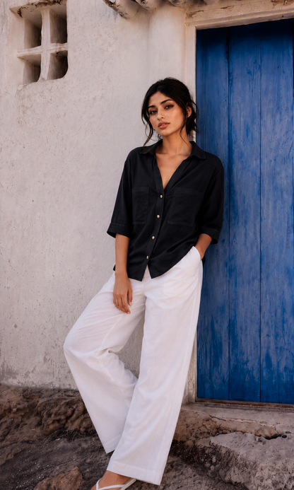 Black Metallic Button Boxy Shirt