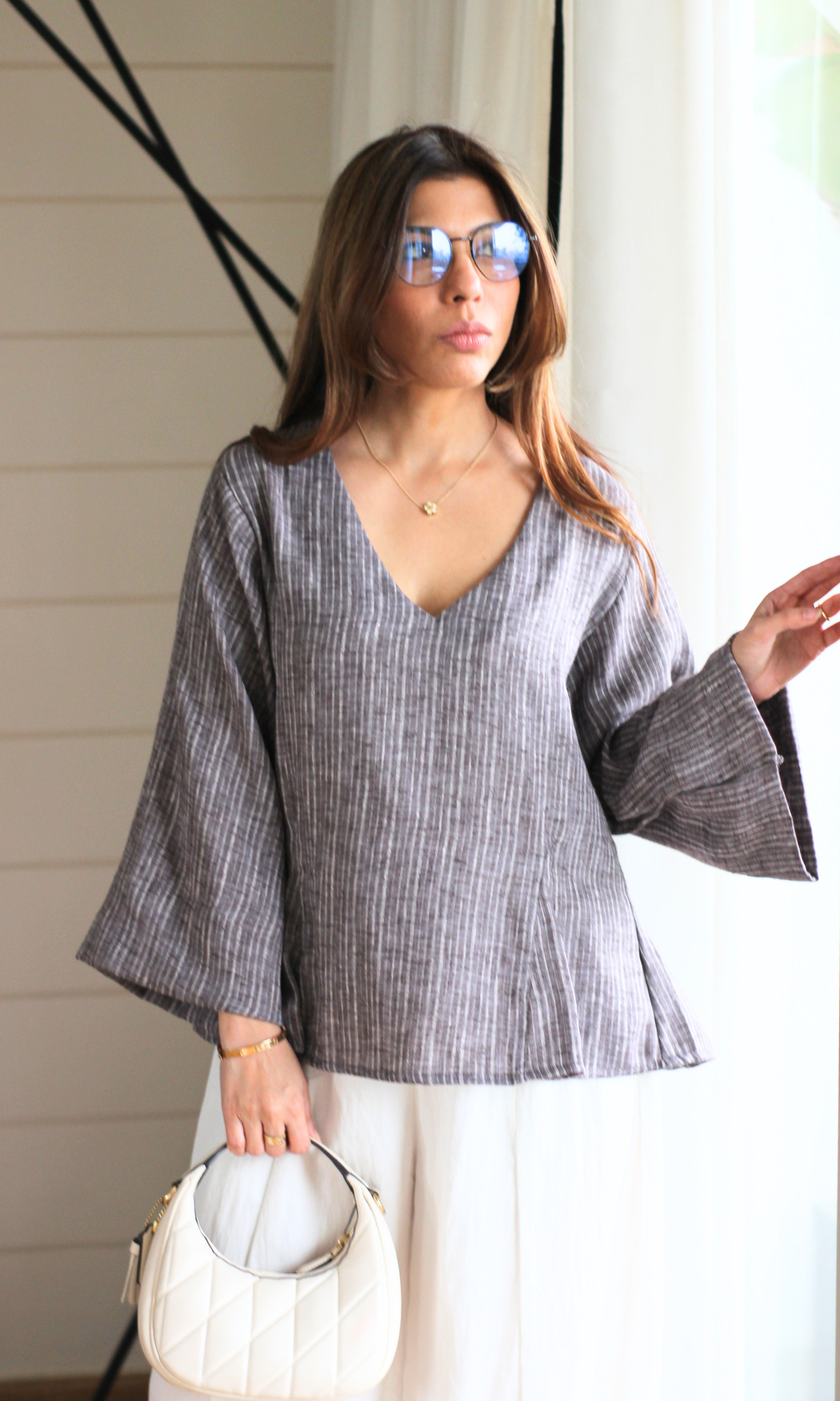 Taupe Textured V-Neck Peplum Top