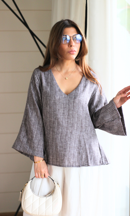 Taupe Textured V-Neck Peplum Top
