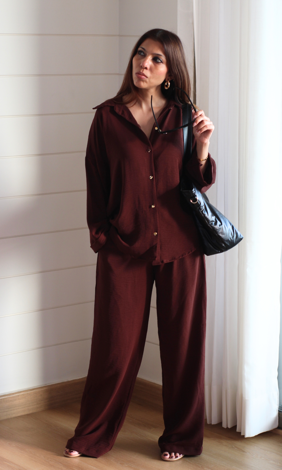Chocolate Metallic Buttoned Shirt and Pants Co-ord