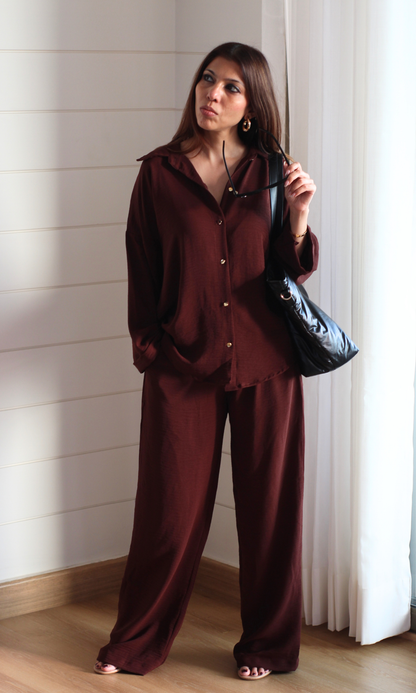 Chocolate Metallic Buttoned Shirt and Pants Co-ord