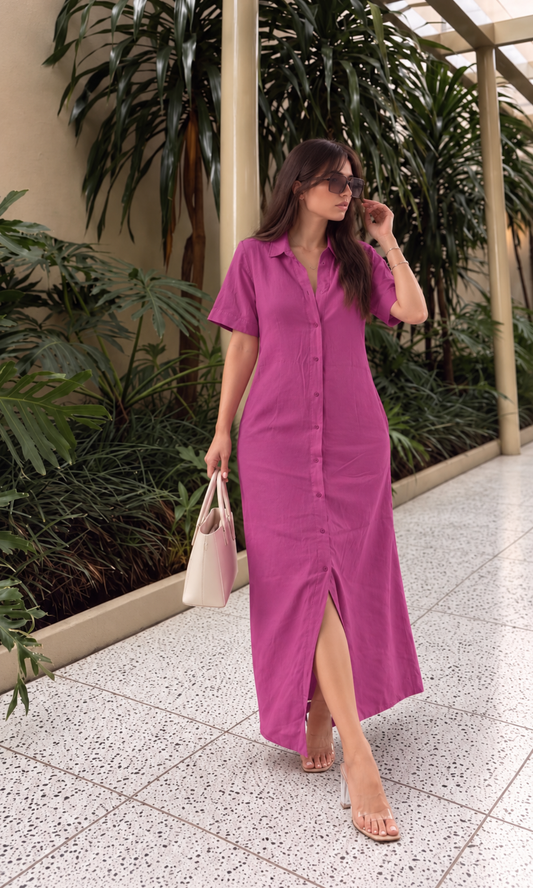 Fuchsia Pink A-Line Maxi Shirt Dress