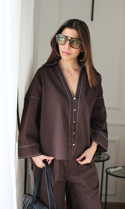 Dark Brown Button-Down Denim Co-ord