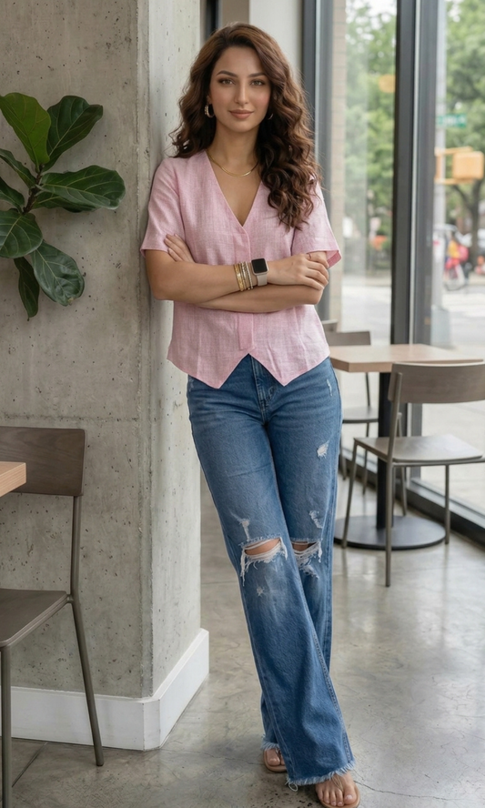 Soft Pink Weave Sleeved Cotton Waistcoat