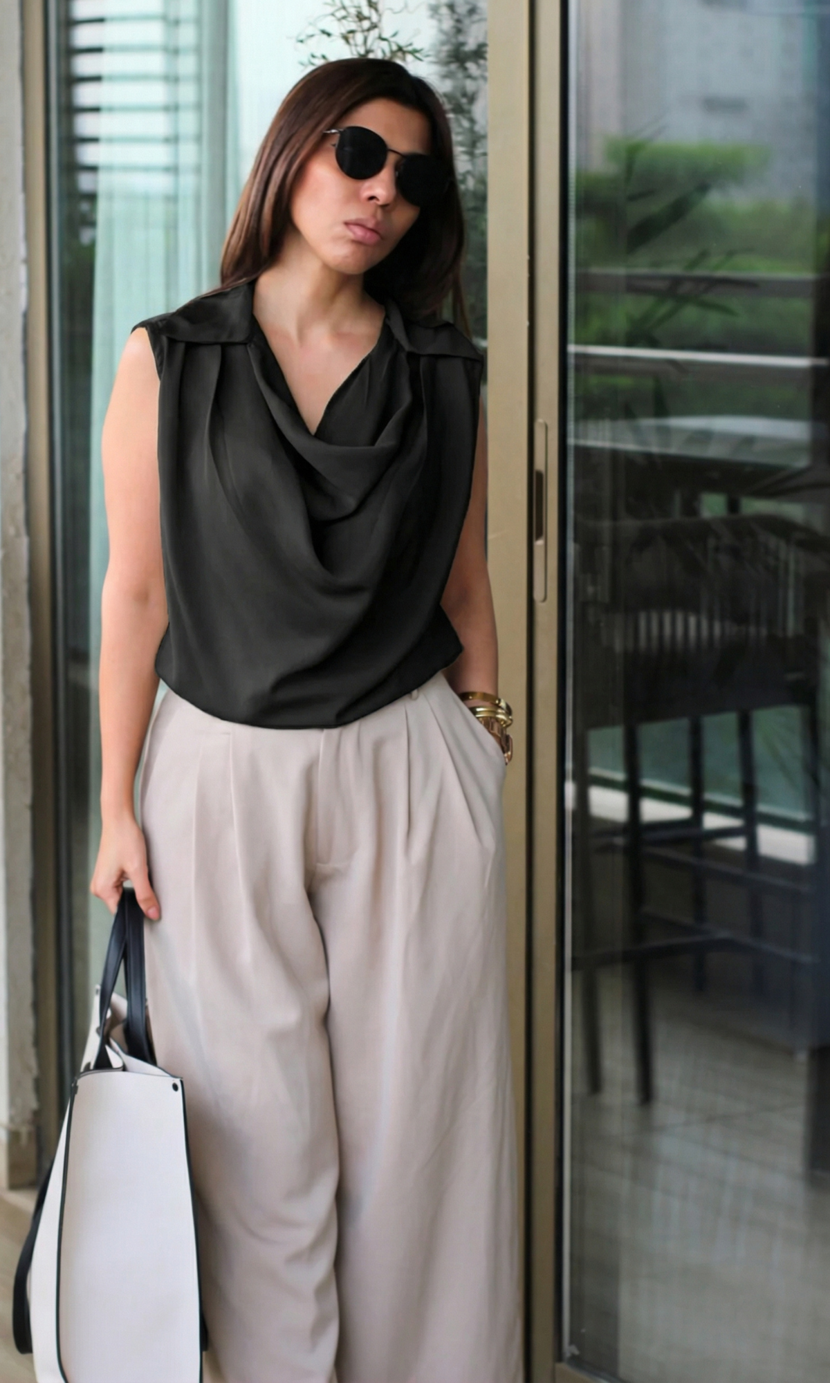 Black Collared Cowl Neck Top