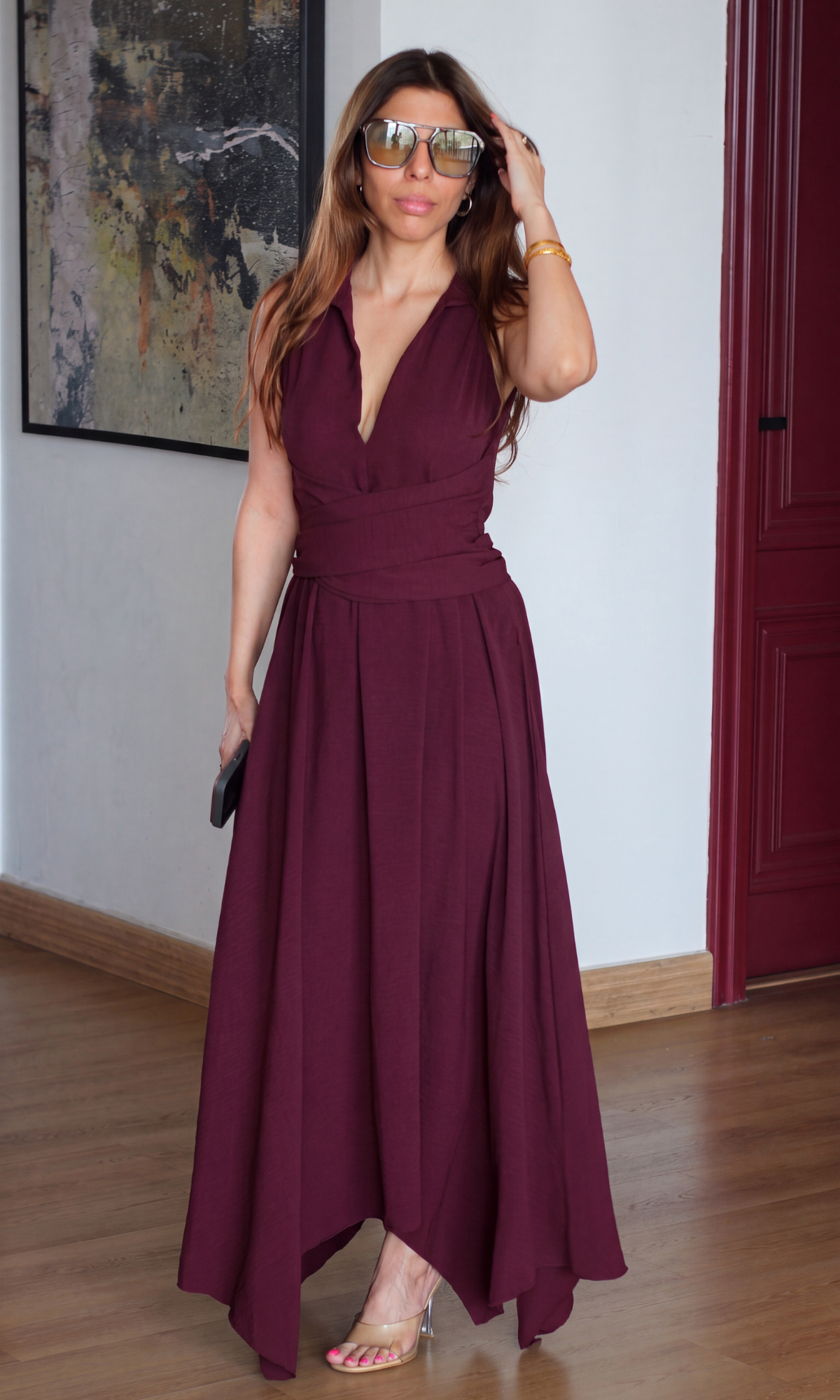 Wine Wrap Handkerchief Hem Midi Dress