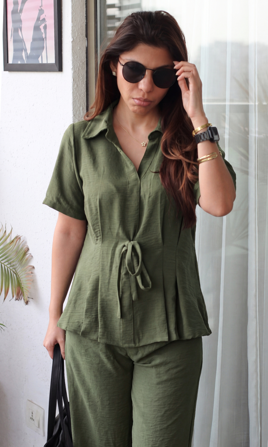 Green String Detail Sleeved Top and Flared Pants Co-ord