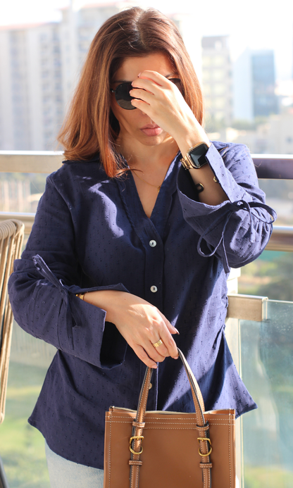 Navy Dobby String Detail Cotton Shirt