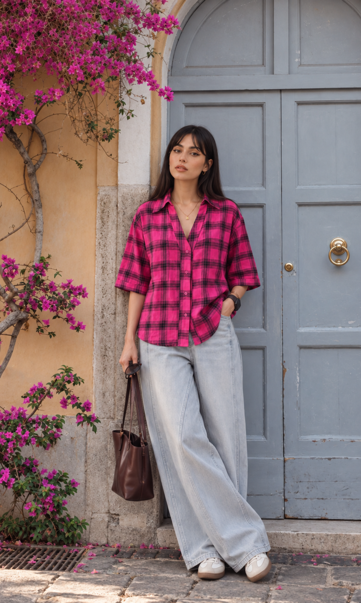Magenta Plaid Cropped Shirt