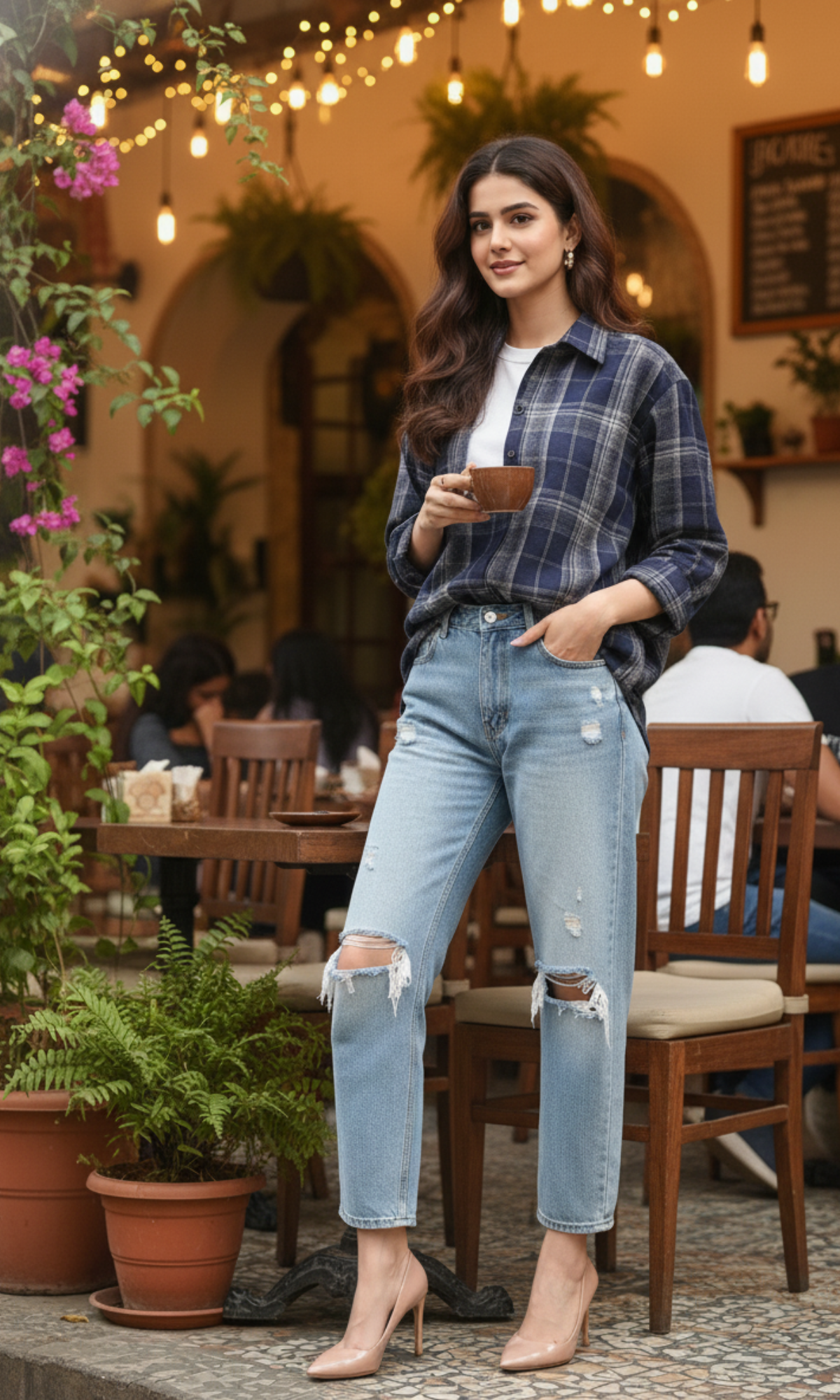 “Relaxed-fit navy checkered shirt with bold plaid pattern, button-front and long sleeves — versatile staple for styled up or laid-back looks.