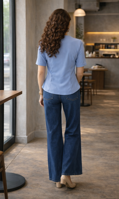 Light Blue Sleeved Metallic Buttoned Waist Coat