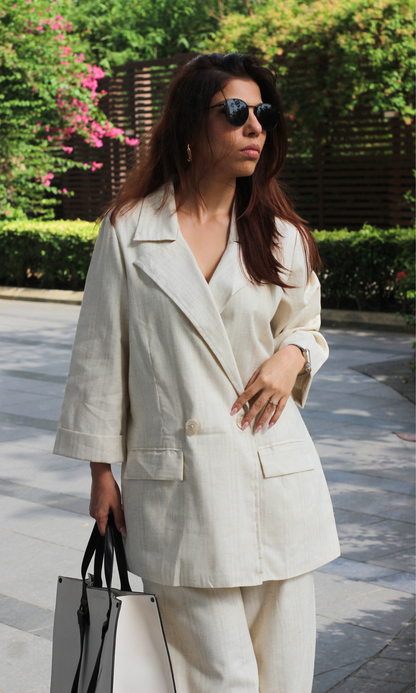 Oatmeal Weave Textured Blazer with Straight Pants Co-ord