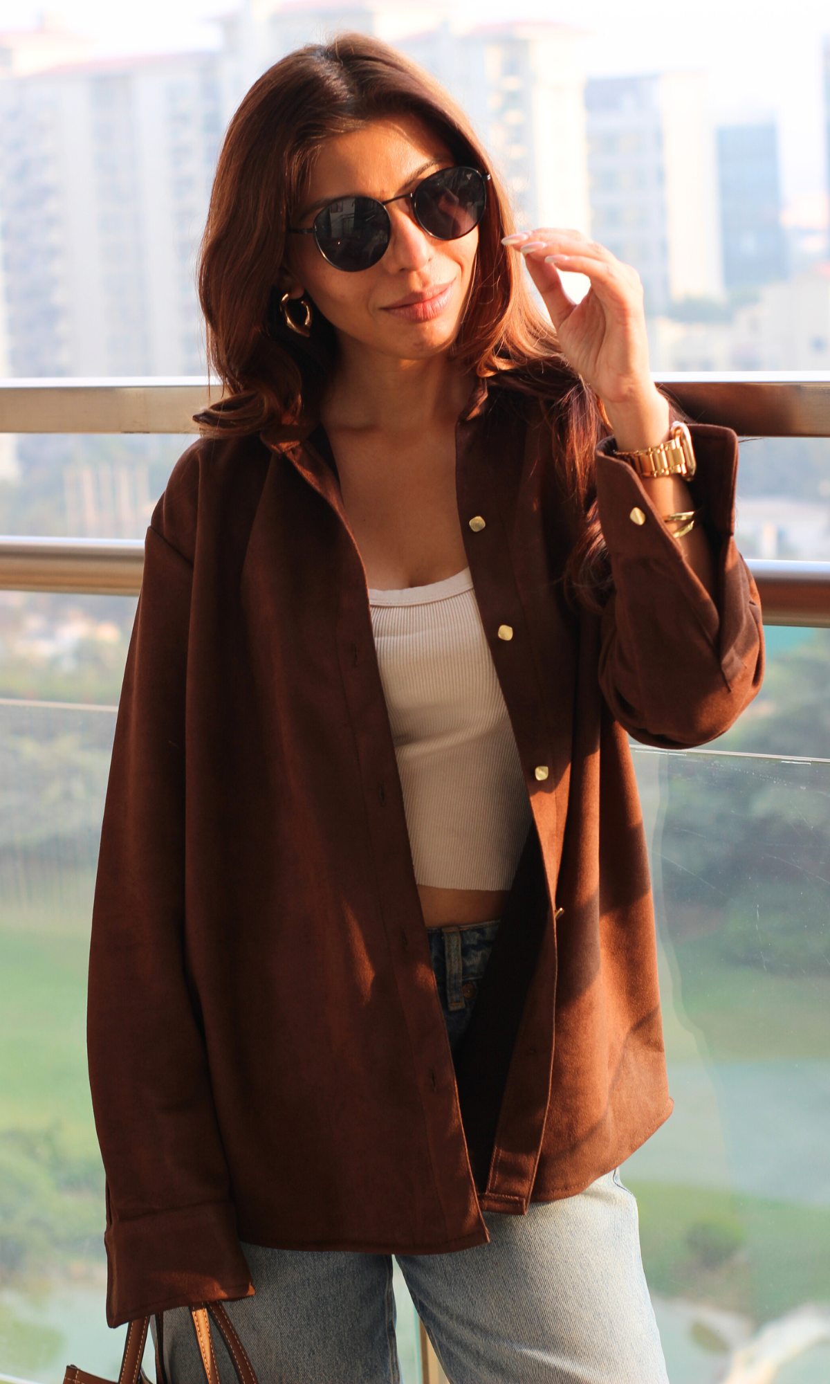 Coffee suede metallic-button shirt in rich brown, featuring a classic collar and brushed suede finish — a polished statement piece.