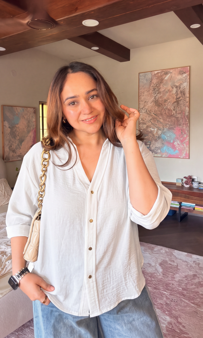 Cloud White Metallic-Button Boxy Shirt