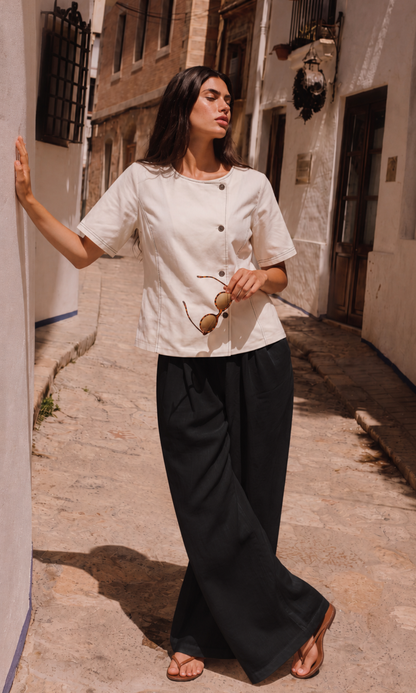 White Denim Contrast Stitch Top
