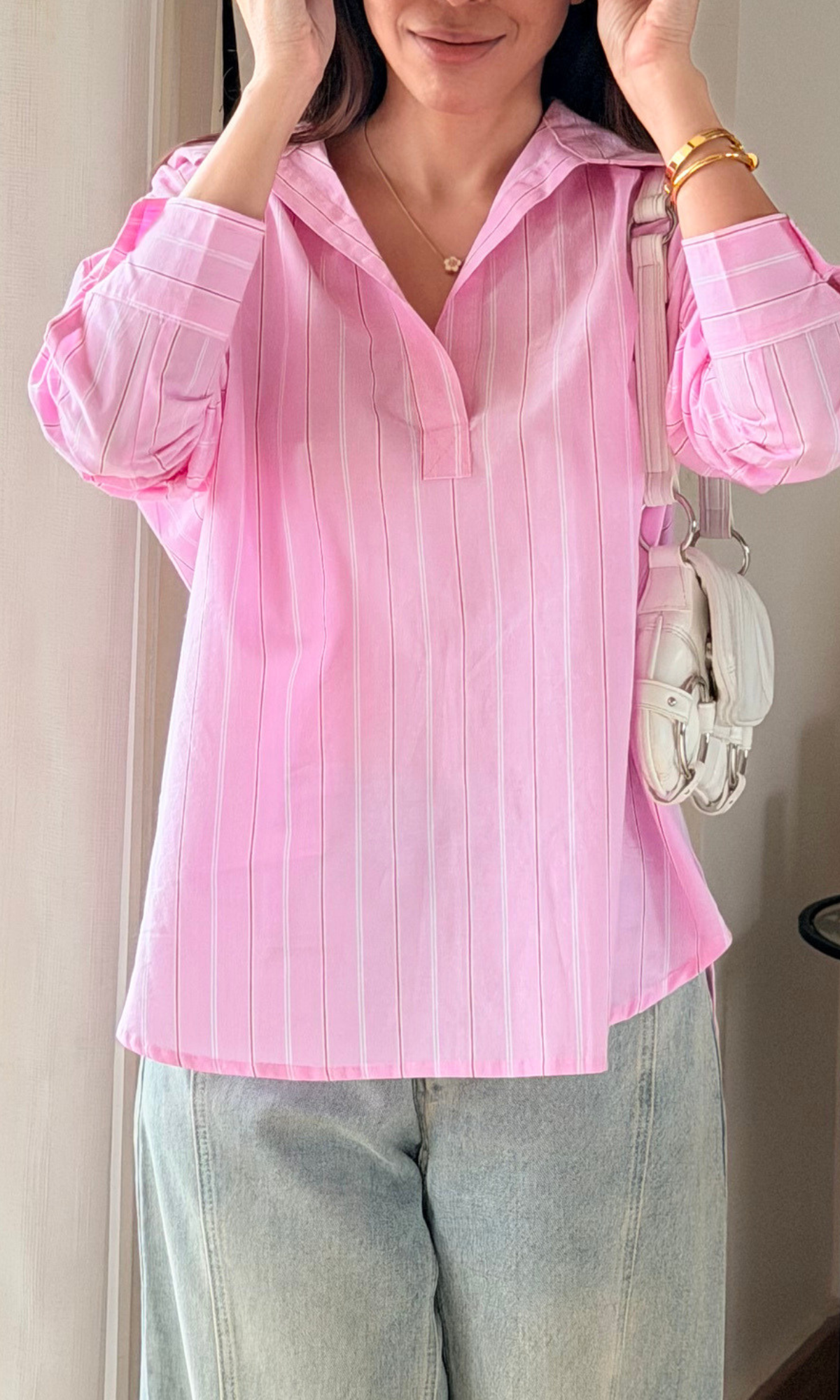 Pastel Pink Stripe Popover Top