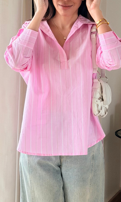 Pastel Pink Stripe Popover Top