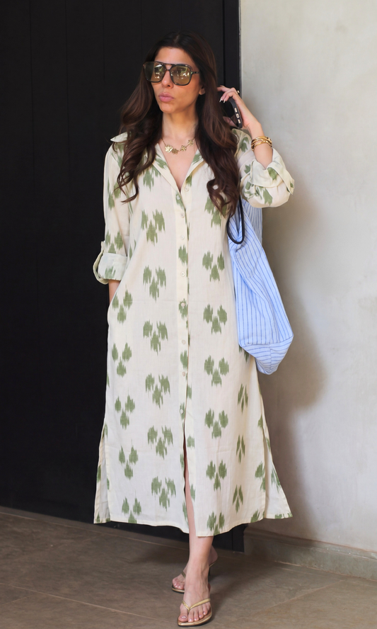 Olive Ikat Print Shirt Dress