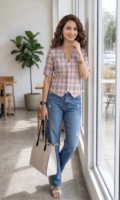 Rose Check-line Sleeved Waist Coat