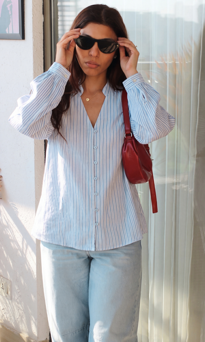 Frosted Blue Linear Buttoned Top