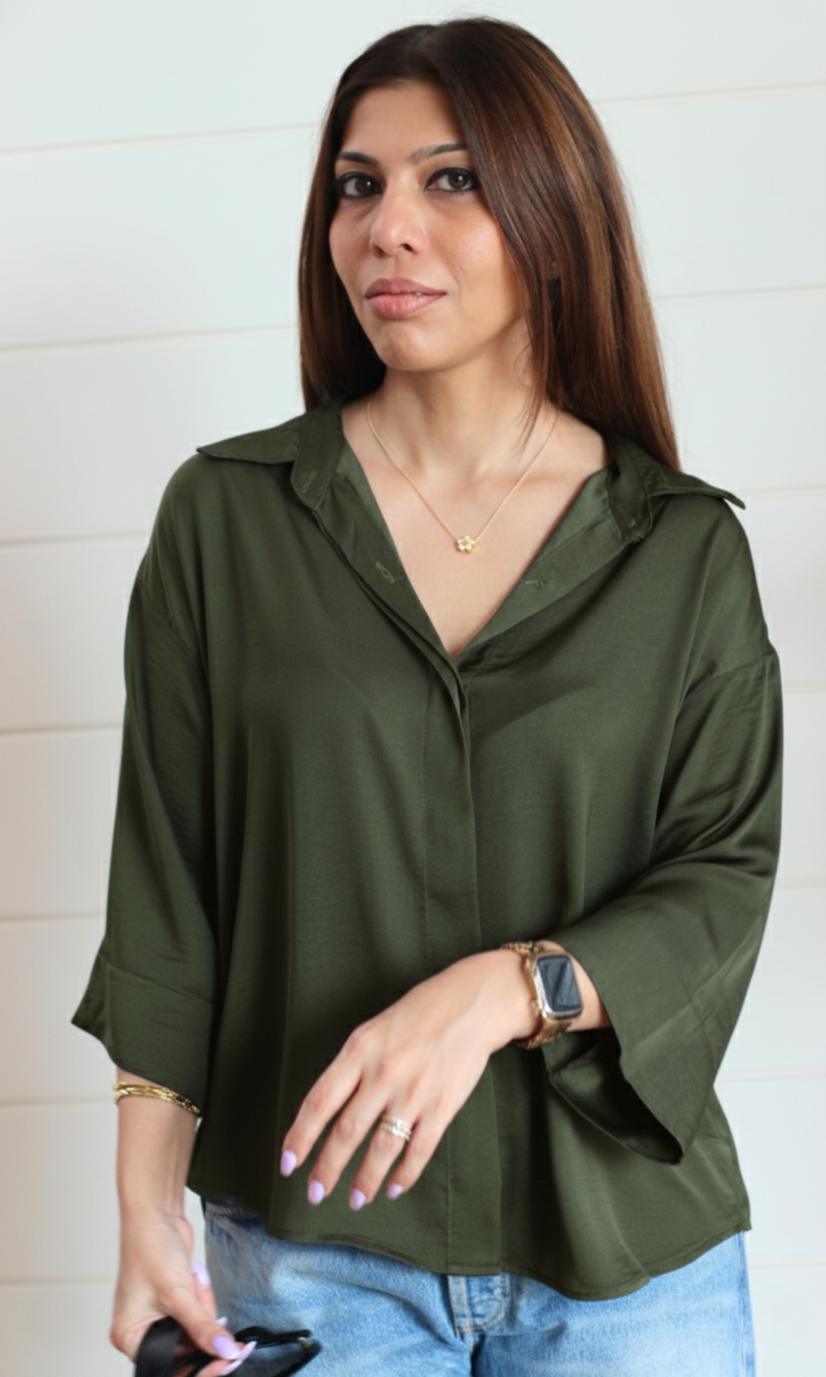 Olive sheen loose shirt for women with relaxed fit and subtle shine