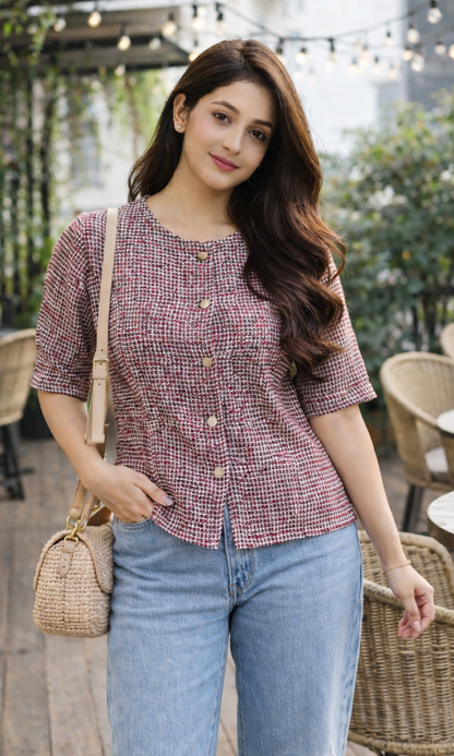 Red-Black Tweed Round Neck Waist Coat