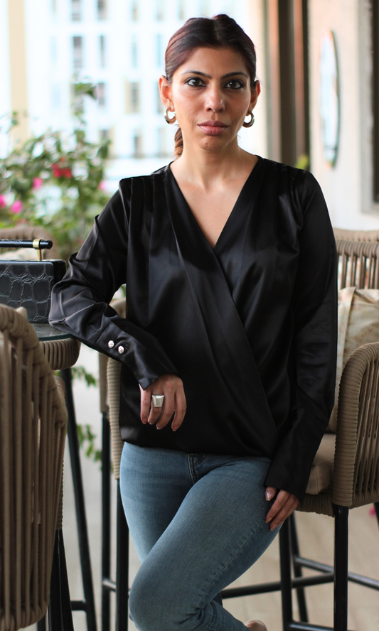 Deep Black V-Neck Pleated Top