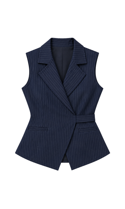 Navy Pinstripe Belted Waistcoat