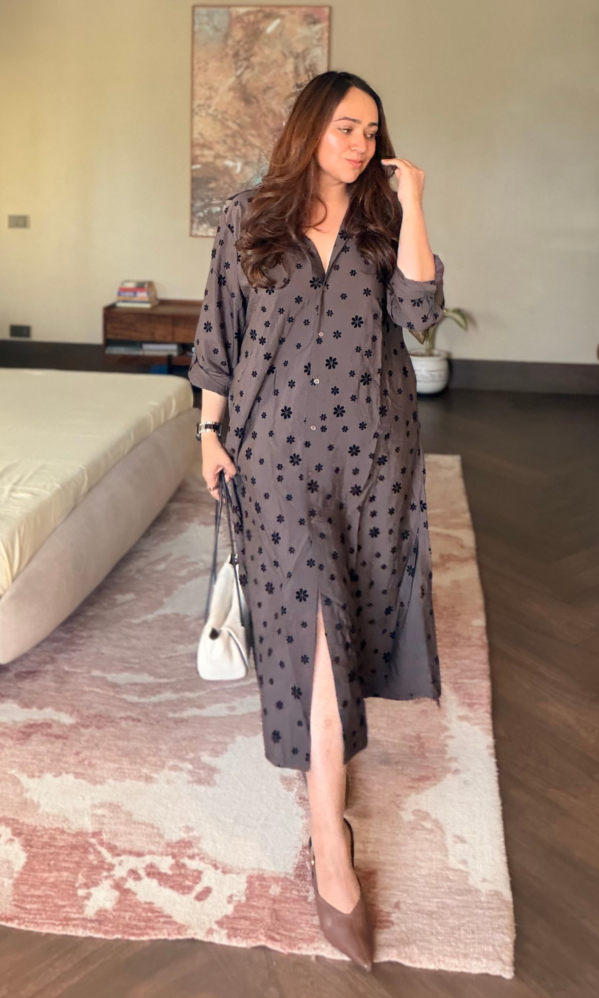 Mocha Floral Weave Shirt Dress