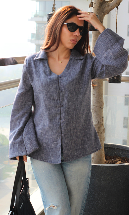 Blue-Charcoal Textured Flared Sleeve Shirt