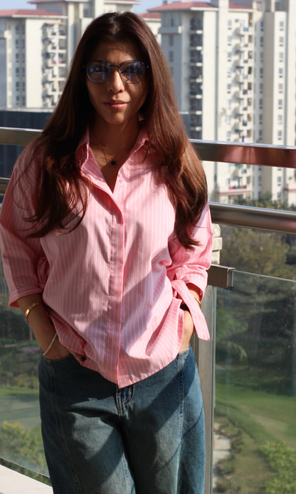 Bow Detail Pink Pinstripe Shirt