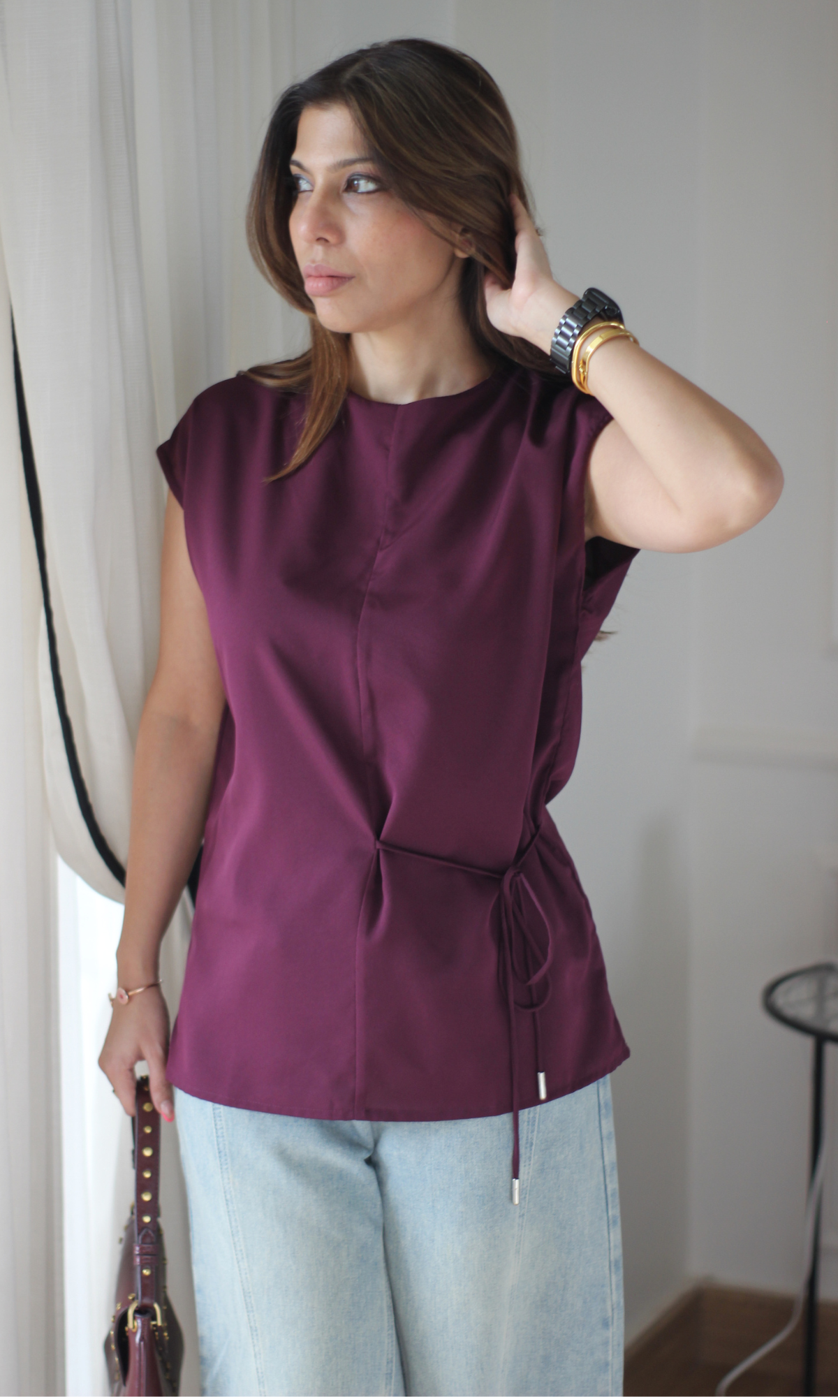Burgundy Tie-Side Relaxed Top