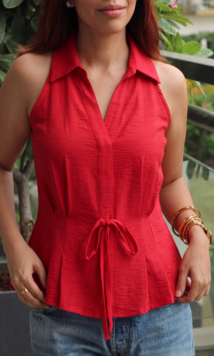 Poppy Red Tie Detail Top