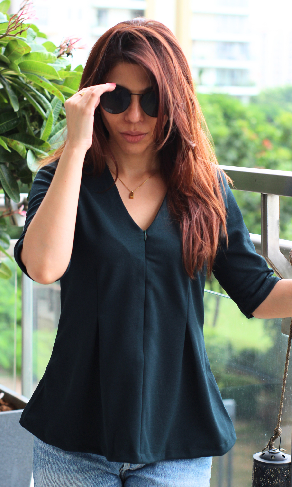 Dark Pine Sleek-Pleat Detail Top