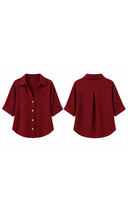 Brick Red Metallic-Button Boxy Shirt