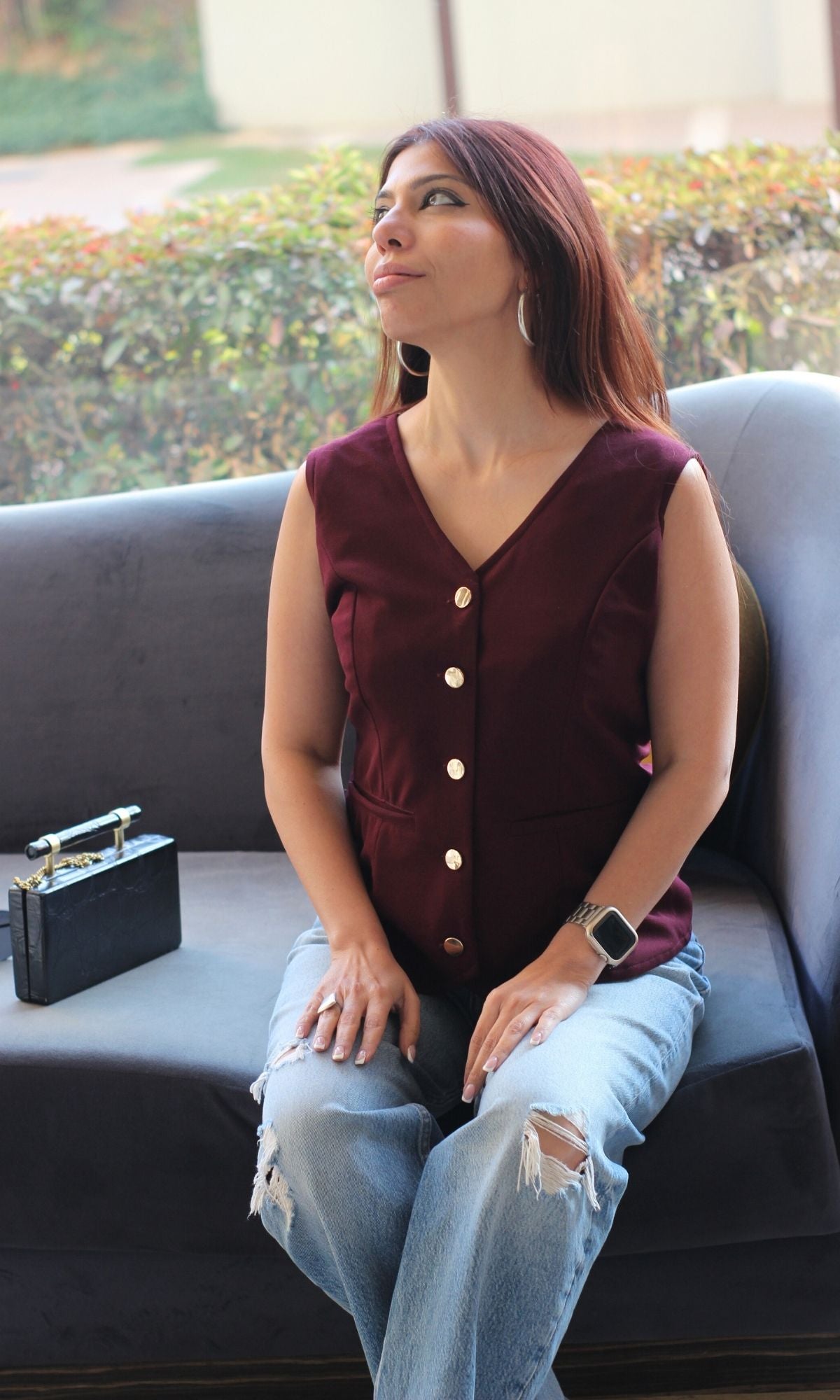 Wine Metallic Buttoned Waist Coat