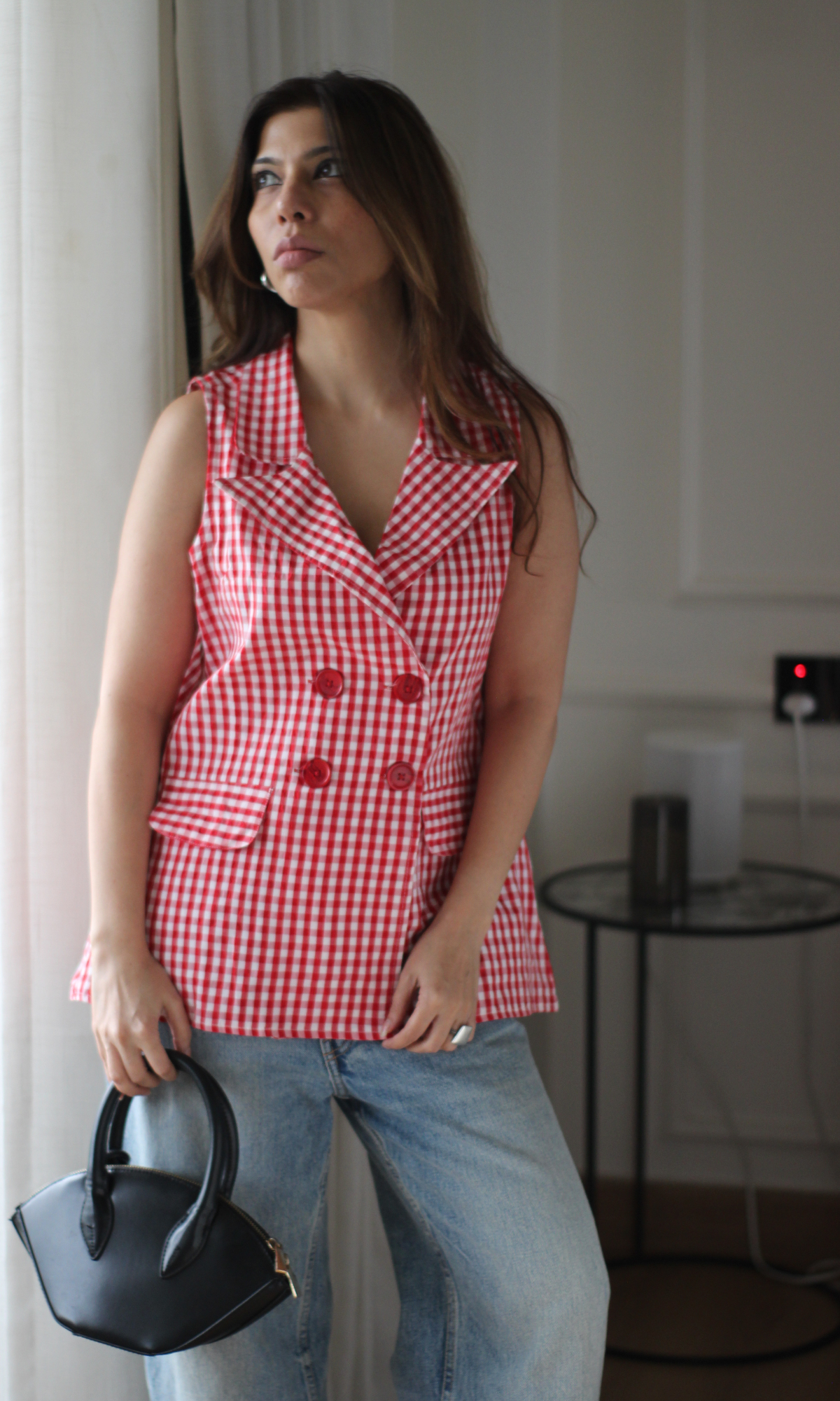Red Gingham Double-Breasted Waistcoat