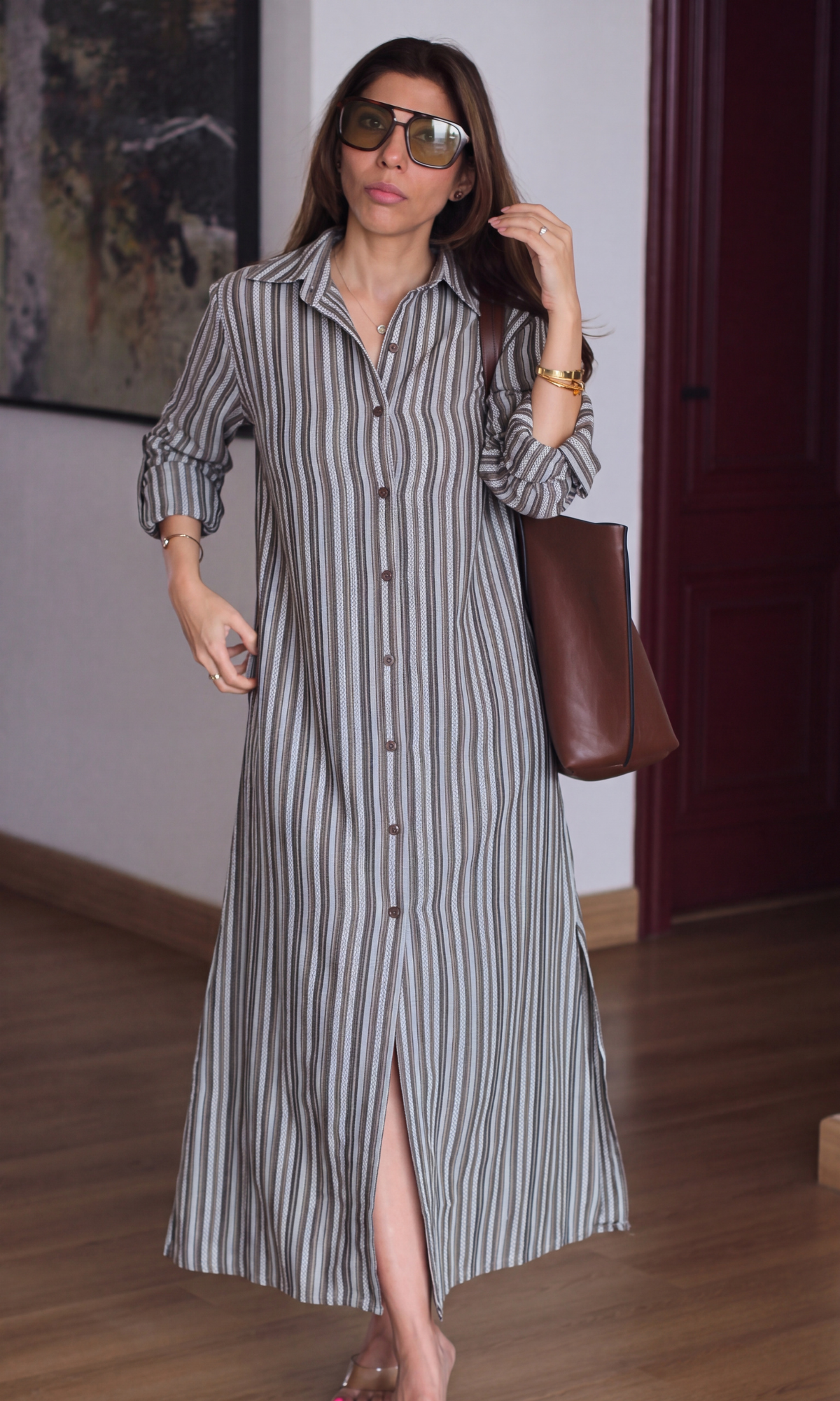 Coffee Stripe Shirt Dress