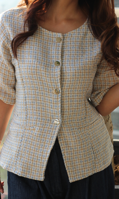 Blue-Beige Tweed Round Neck Waist Coat