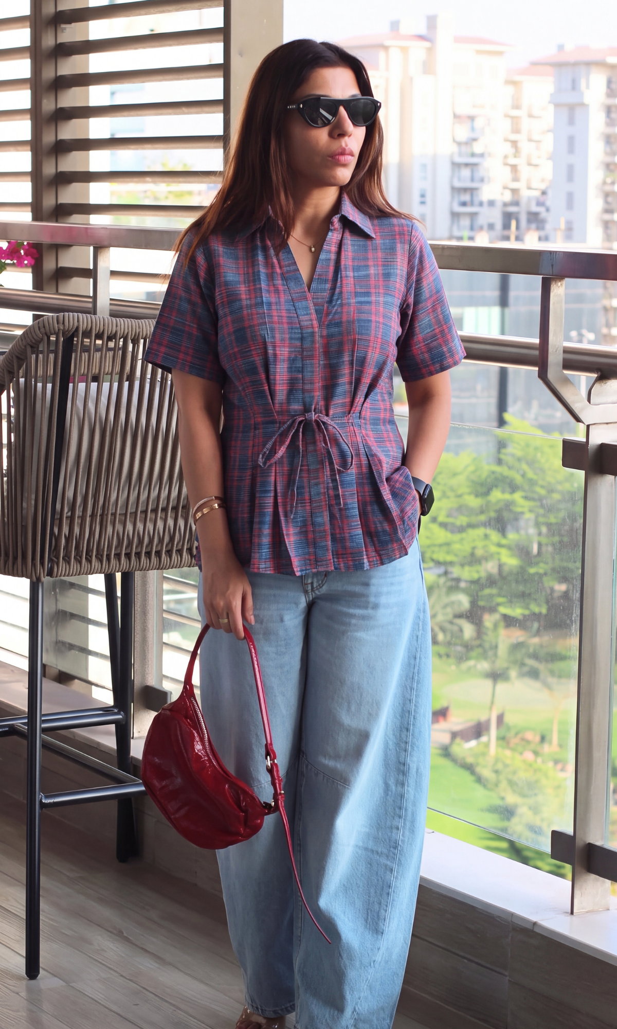 Red Black Check Tie-Detail Top