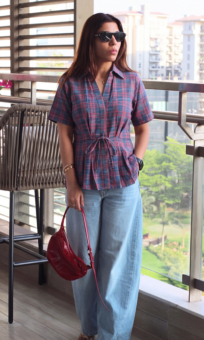 Red Black Check Tie-Detail Top
