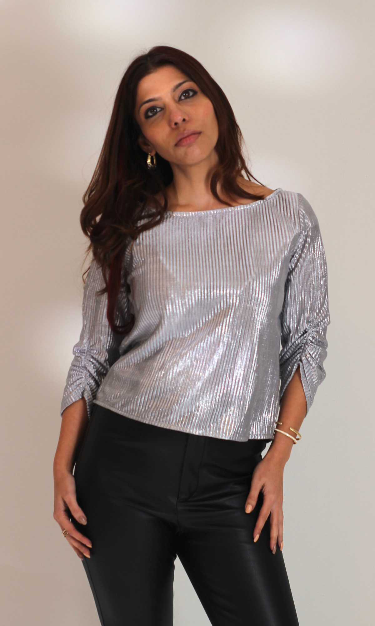 Metallic Silver Pleated Sleeved Top