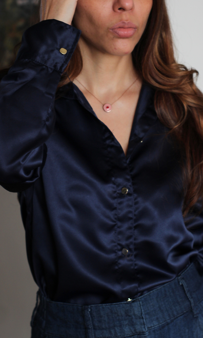 Navy Satin Metallic Buttoned Shirt