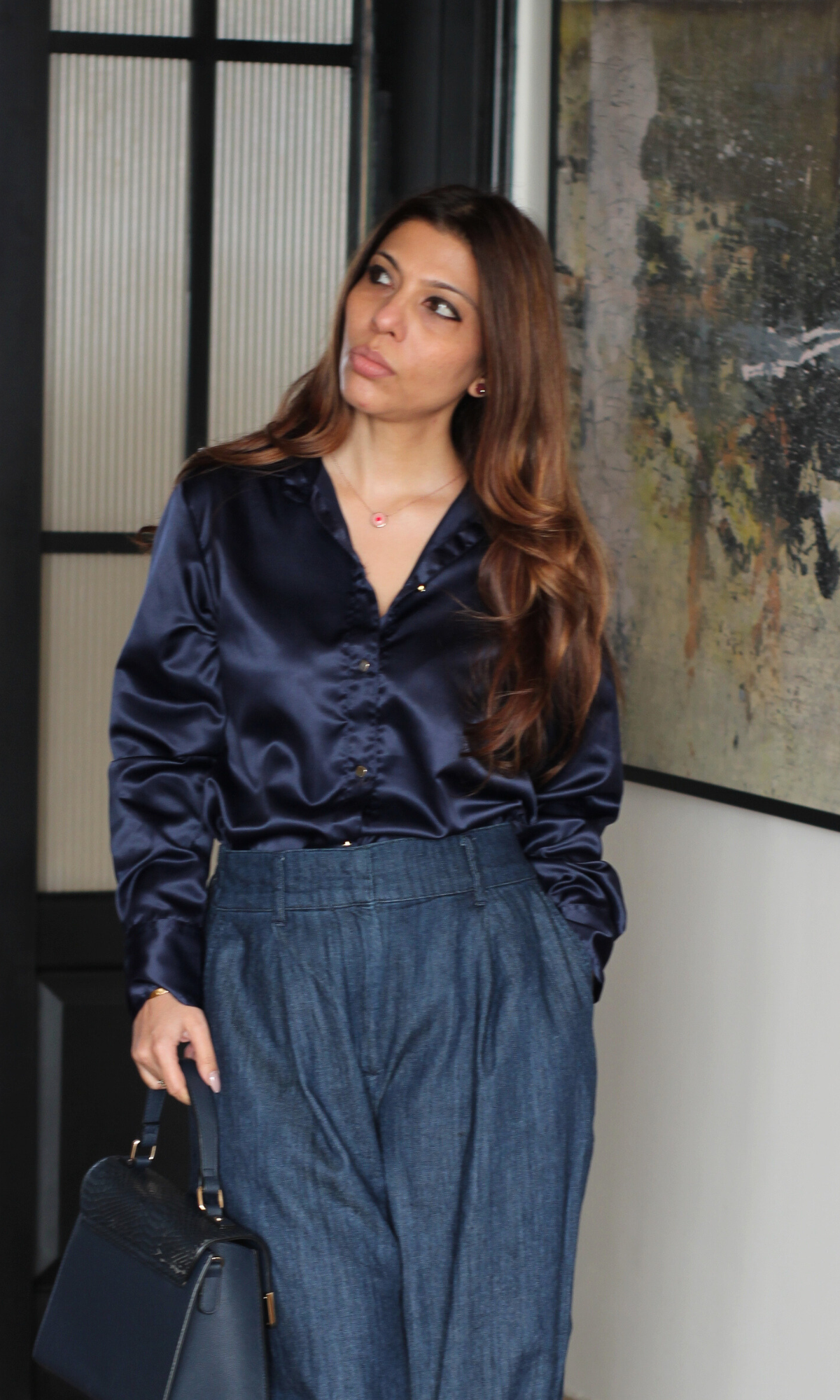 Navy Satin Metallic Buttoned Shirt