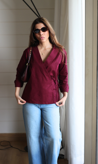 Deep Red Cotton Wrap Top